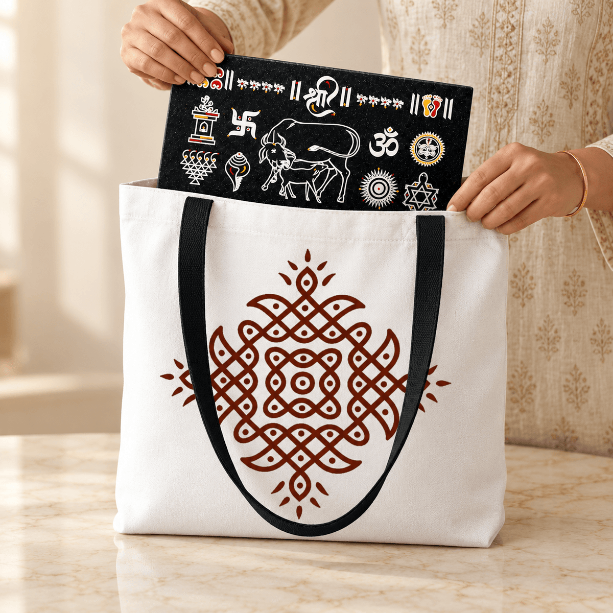 Traditional Tamil kolam dot print canvas bag for daily use