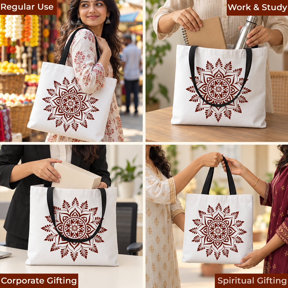 Kolam flower design canvas tote bag — durable canvas for daily use