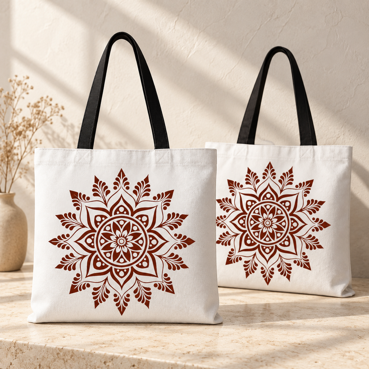 Traditional Kolam flower print canvas bag — tote for return gifts