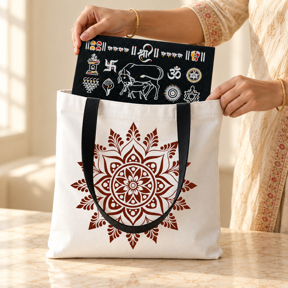 Traditional South Indian kolam print canvas gift bag