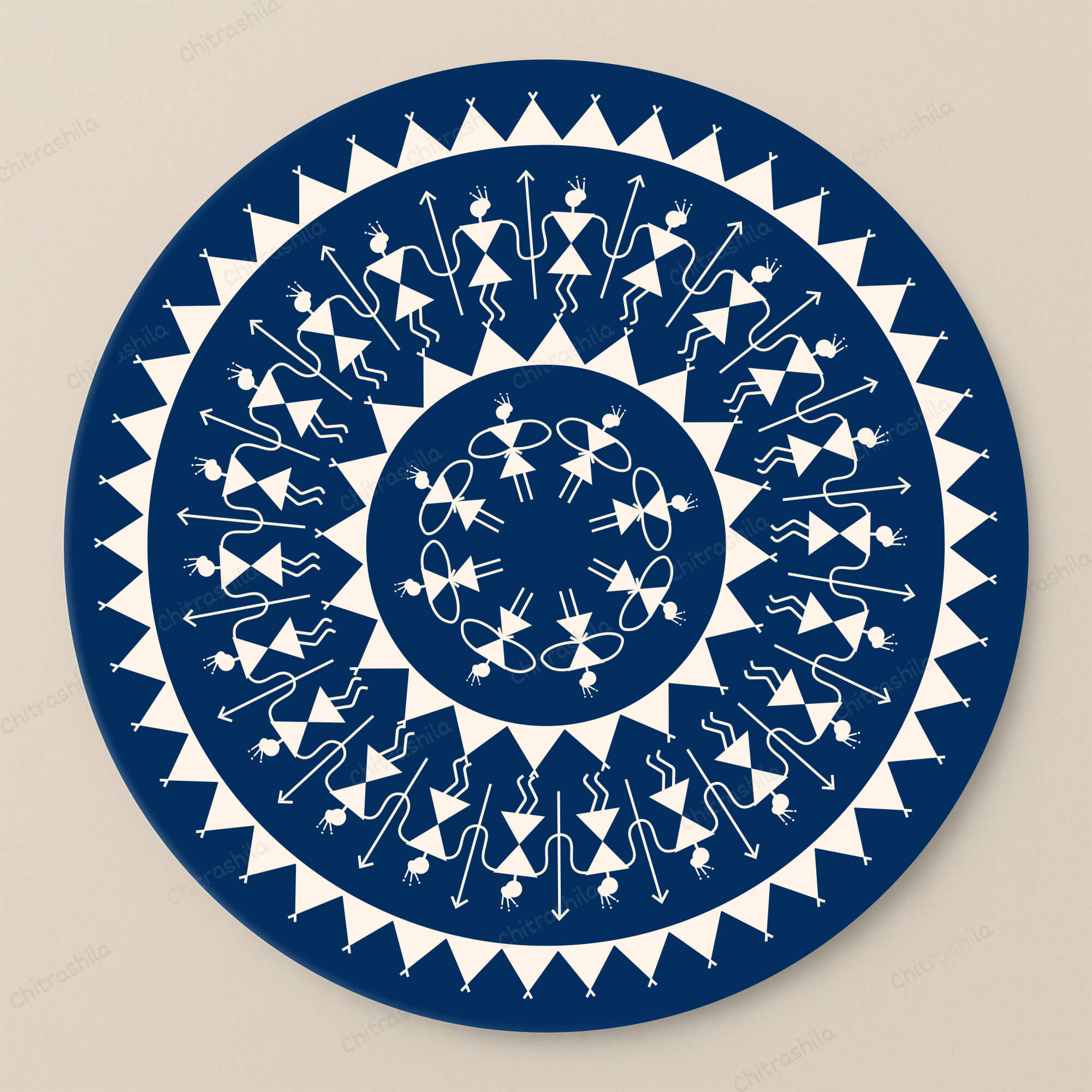 Circular Warli design with blue and white patterns on a beige background