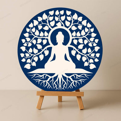 Chitrashila® Gautam Buddha Under Peepal Tree Decor Art Board (11-Inch, Electric Blue)(MA-05-B)