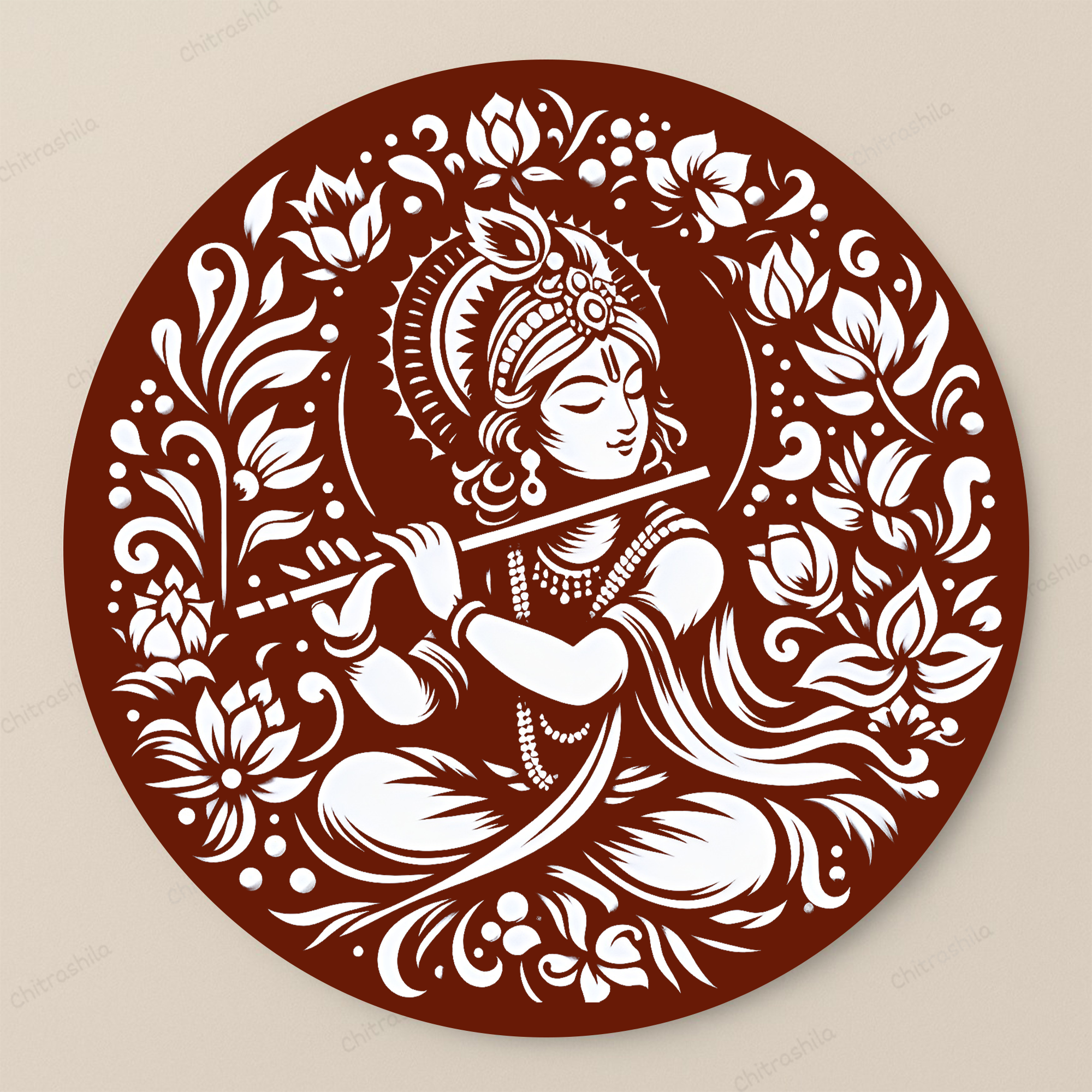 Chitrashila® Divine Echoes Handmade Krishna with Flute Wooden Art Board (11-Inch, Terracotta)-(MA-02-T)