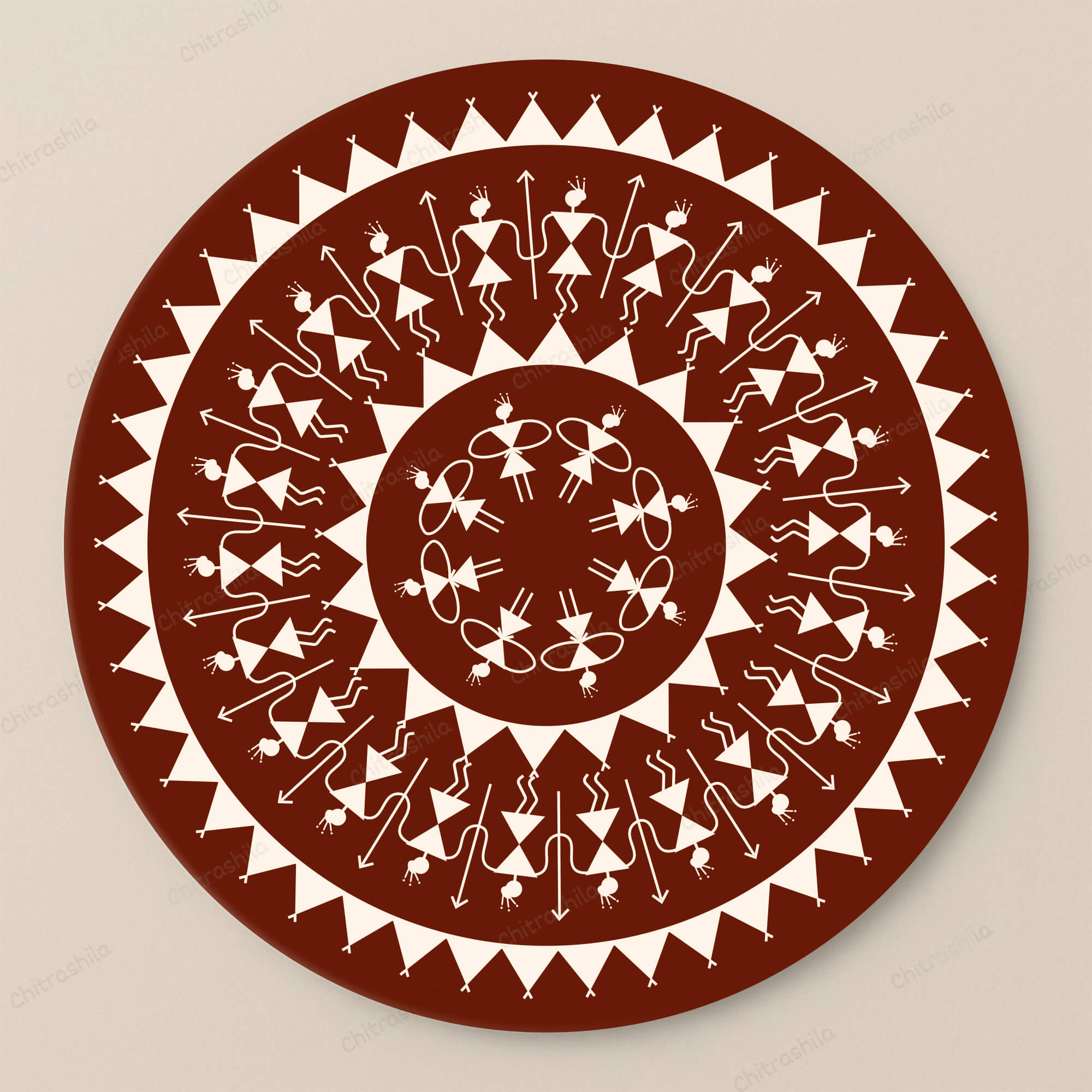 Circular design with white Warli patterns on a terracotta background