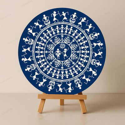 CHITRASHILA® Echoes of Warli - Circle of Unity Festival Warli Wooden Board (11-Inch, Electric Blue)-(MA-04-B)