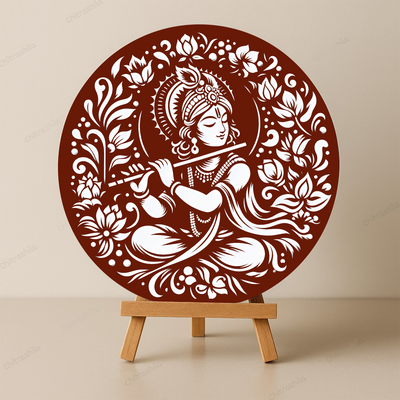 Chitrashila® Divine Echoes Handmade Krishna with Flute Wooden Art Board (11-Inch, Terracotta)-(MA-02-T)