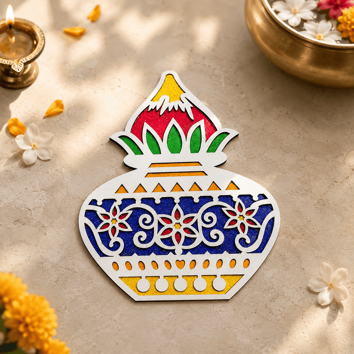 CHITRASHILA® Auspicious Kalash MDF Rangoli Mat (12x12 inches)-D10