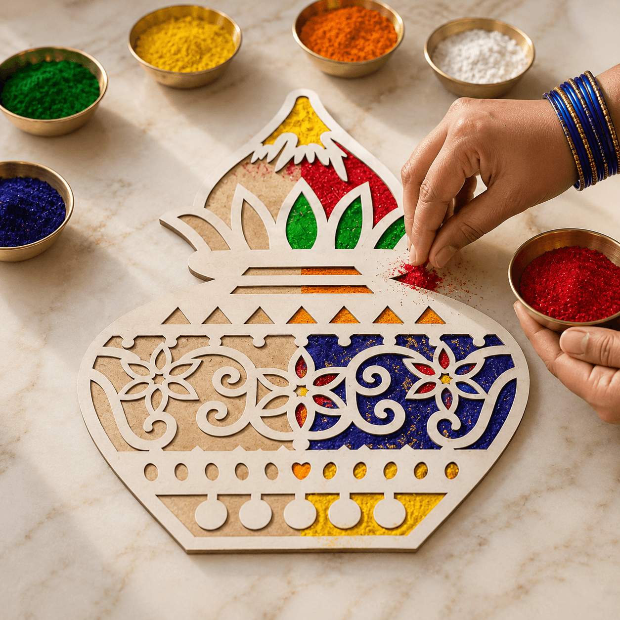 CHITRASHILA® Auspicious Kalash MDF Rangoli Mat (12x12 inches)-D10