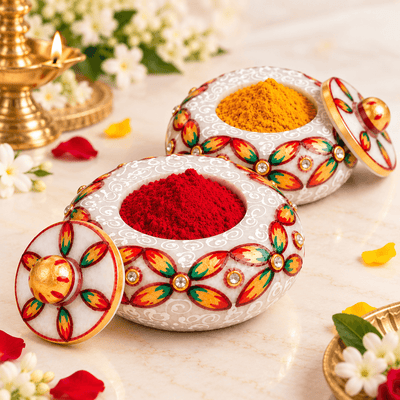 Marble Haldi Kumkum Holder Karanda - Premium Pooja Container for Return Gifts & Daily Use