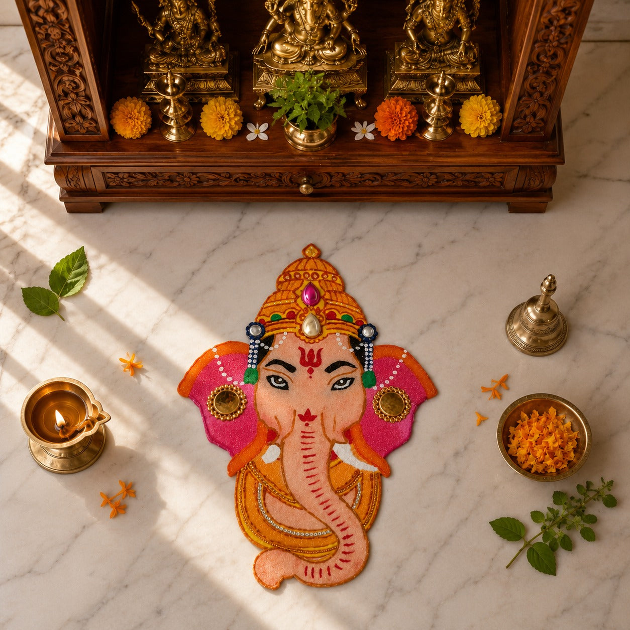 Shree Ganesh Face OHP Rangoli Sheet - Reusable Pooja Design
