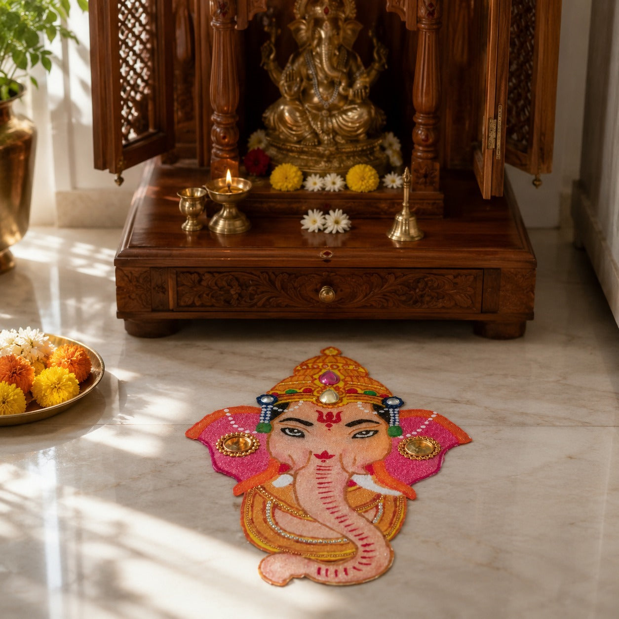 Shree Ganesh Face OHP Rangoli Sheet - Reusable Pooja Design