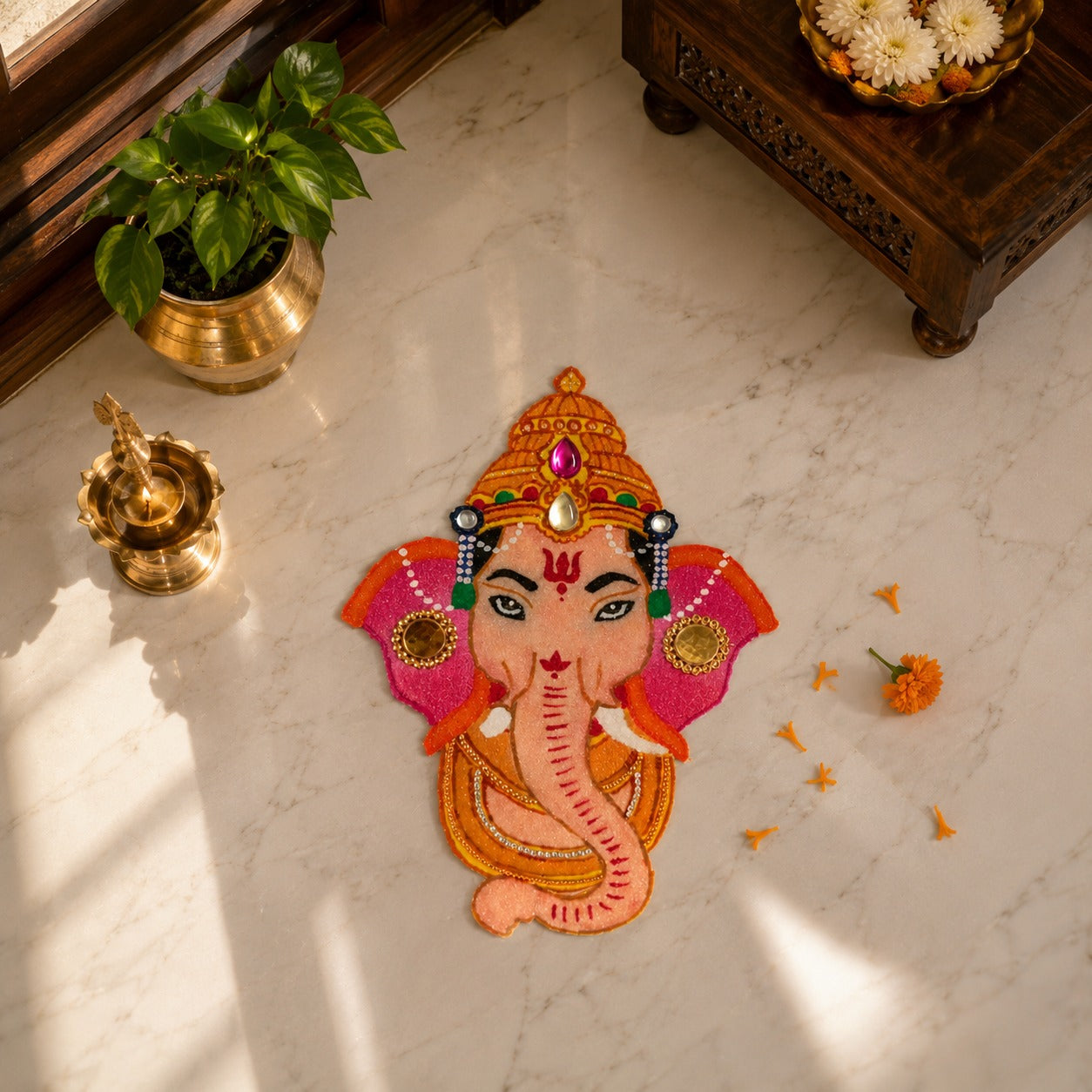 Shree Ganesh Face OHP Rangoli Sheet - Reusable Pooja Design