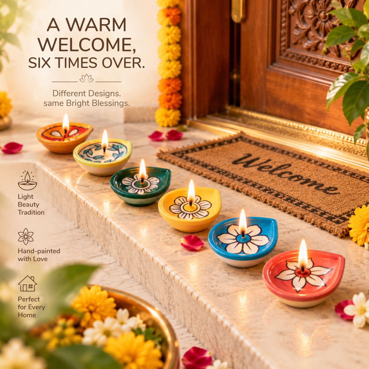 Pottery Diyas - Colourful Ceramic Diyas for Diwali & Pooja (Set of 6)