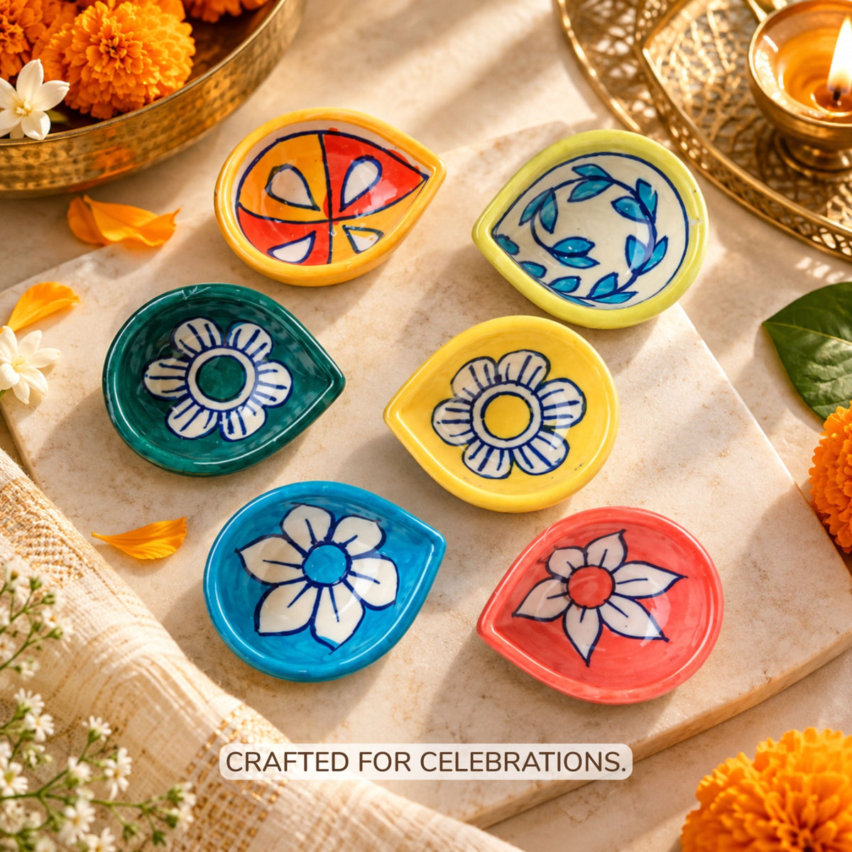 Hand-Painted Pottery Diyas - Colourful Ceramic Diyas for Diwali & Pooja (Set of 6)