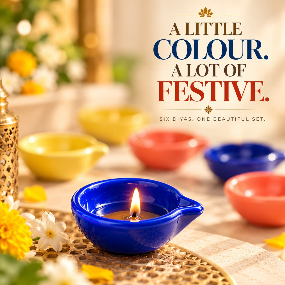 Solid colour pottery diyas — Diwali gift set of 6 with glazed ceramic finish