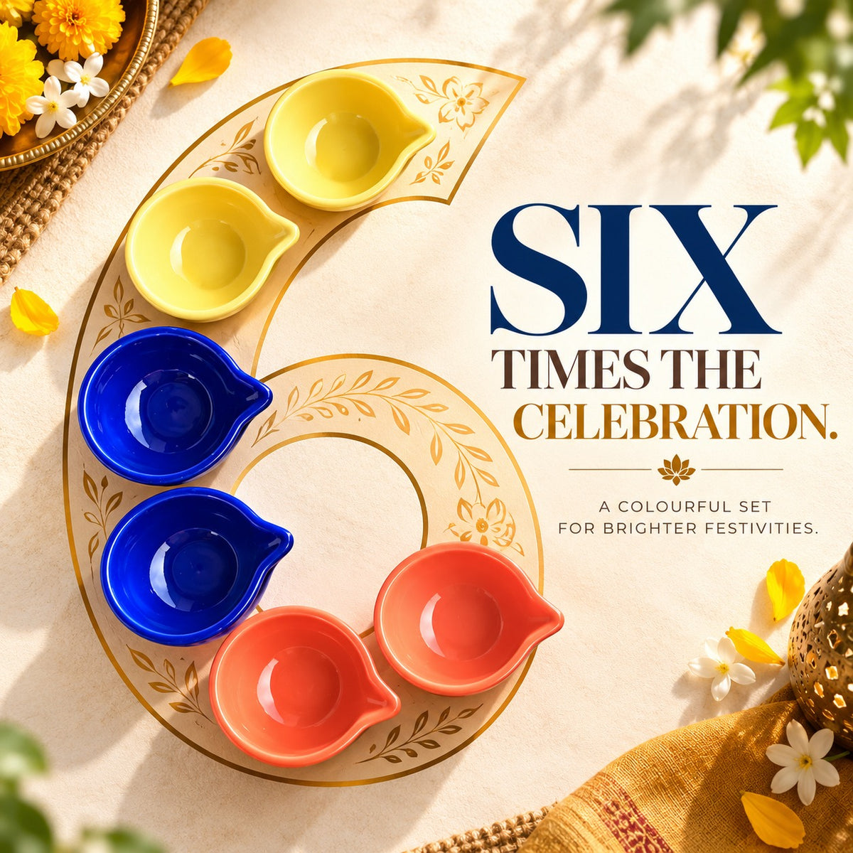 Ceramic pottery diyas set of 6 — vibrant Diwali gift for pooja & home decor