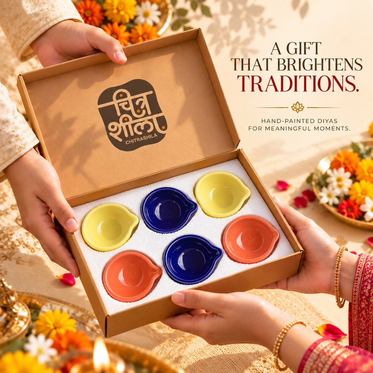 Solid colour pottery diyas — festive Diwali gift ready-to-light for pooja