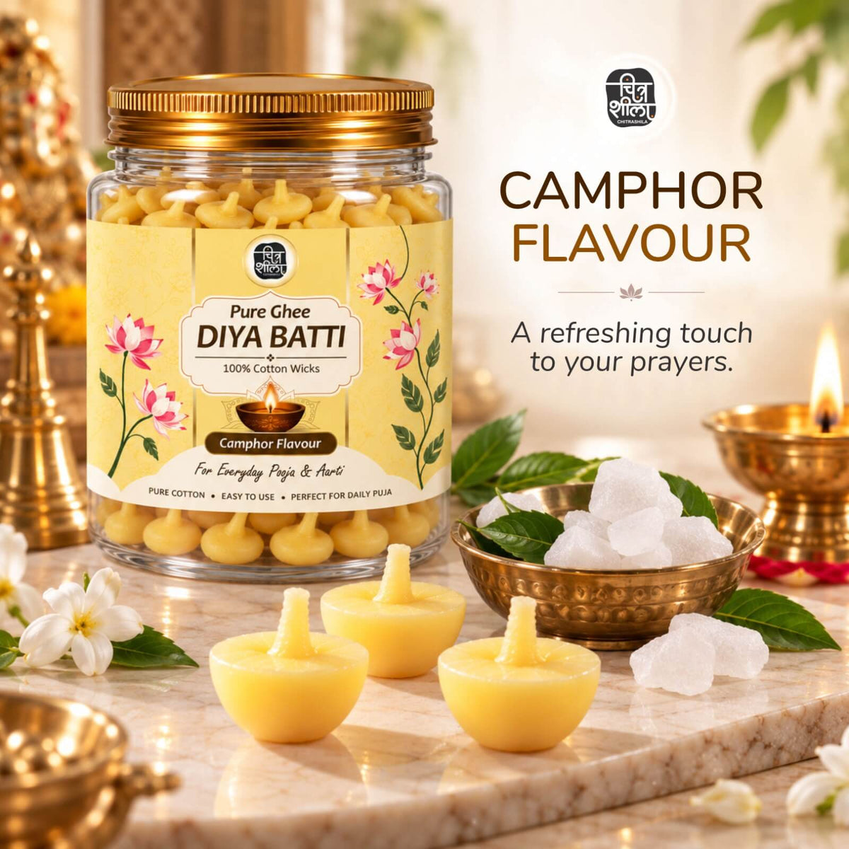 Pure Ghee Diya Batti with Camphor | Ready-to-Light Cotton Wicks for Pooja & Aarti - 200g