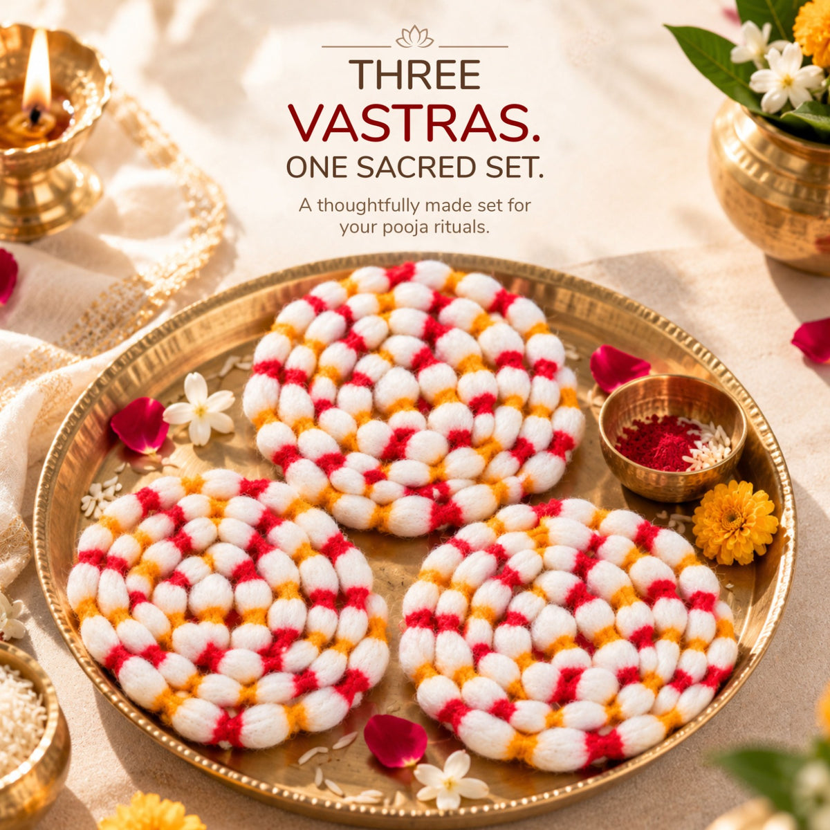 Cotton pooja vastra mala set of 3 — handmade sacred cloths for daily pooja