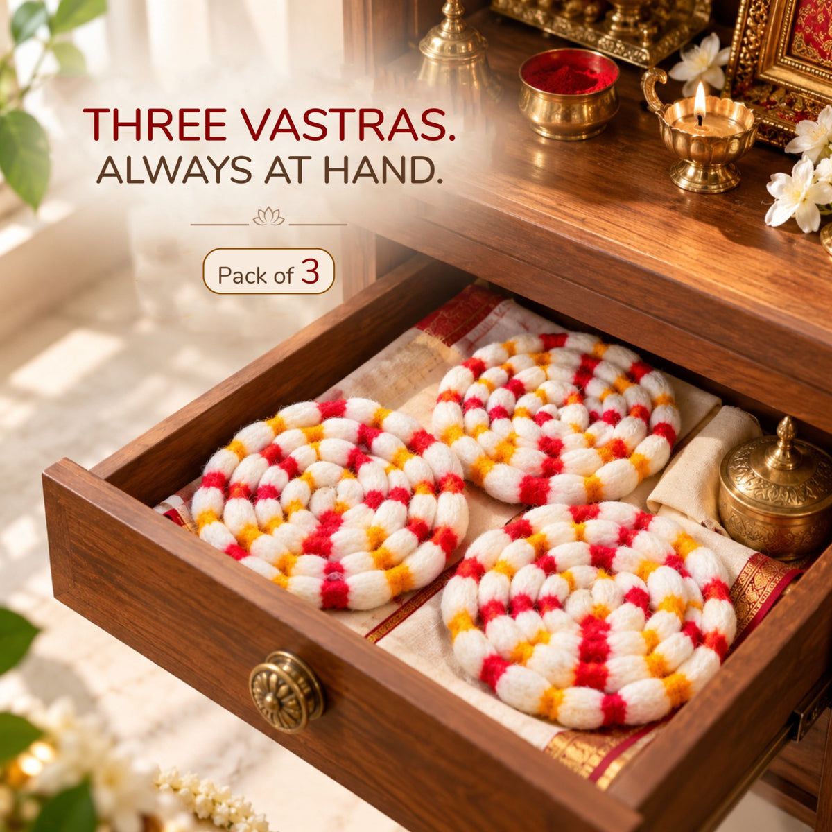 Handmade cotton pooja vastra — traditional deity dressing cloth pack of 3