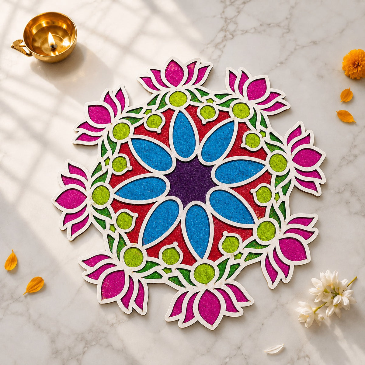 CHITRASHILA® Ashtakamal (8 Lotus) Reusable MDF Rangoli Mat (12 inch)-D02