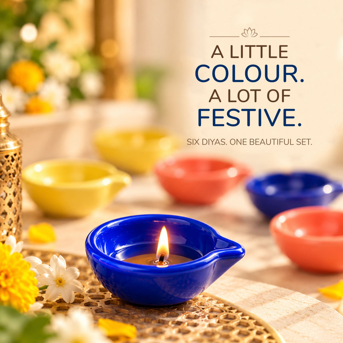 Solid Colour Pottery Diyas Set of 6 - Perfect Diwali Gift for Pooja & Home Decor