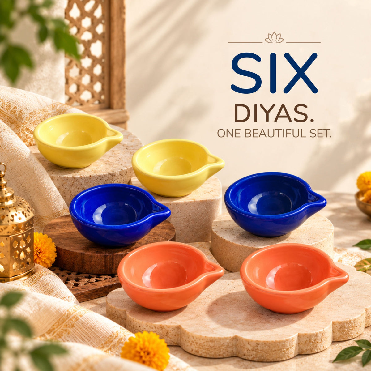 Solid Colour Pottery Diyas Set of 6 - Perfect Diwali Gift for Pooja & Home Decor