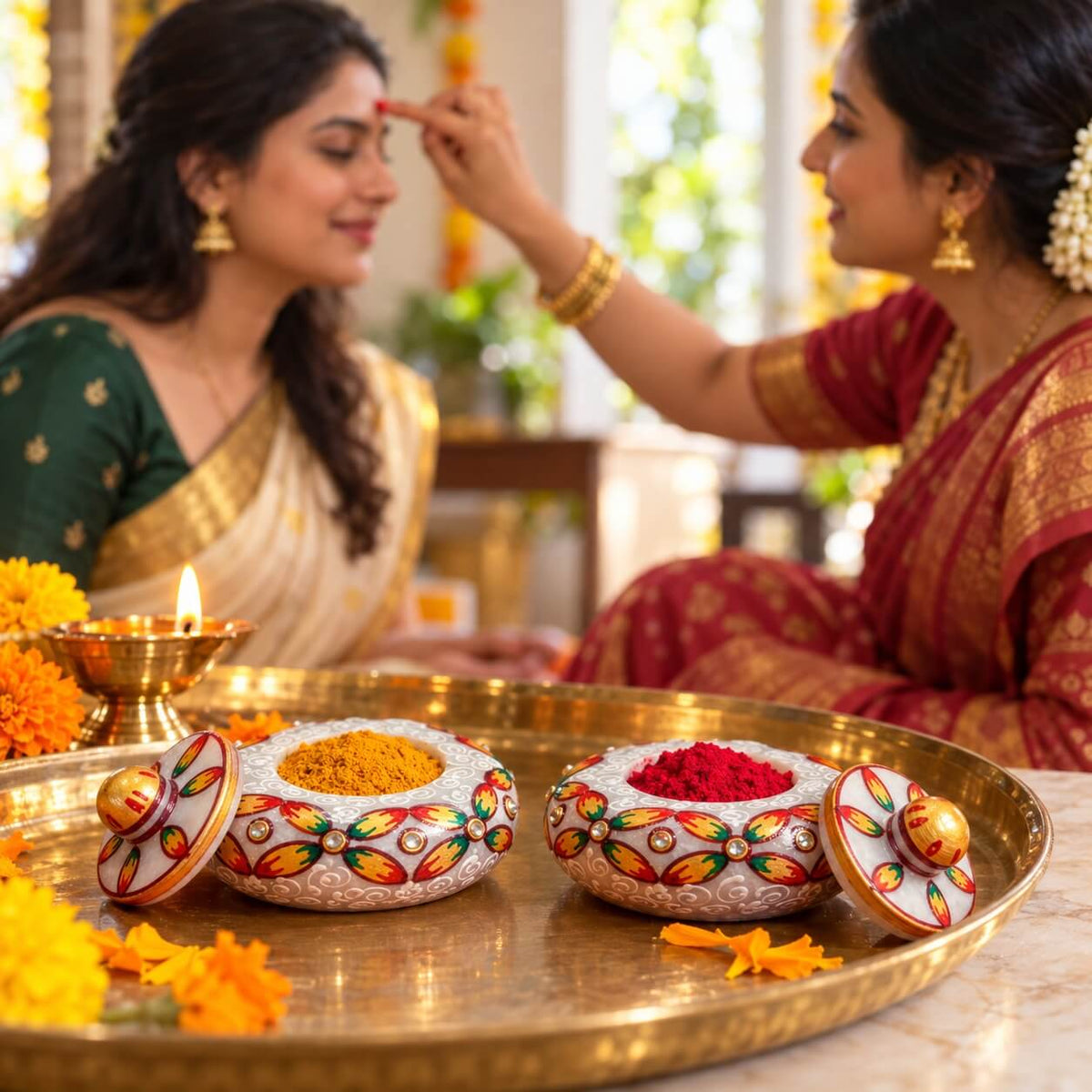 Marble haldi kumkum container — elegant pooja holder for home