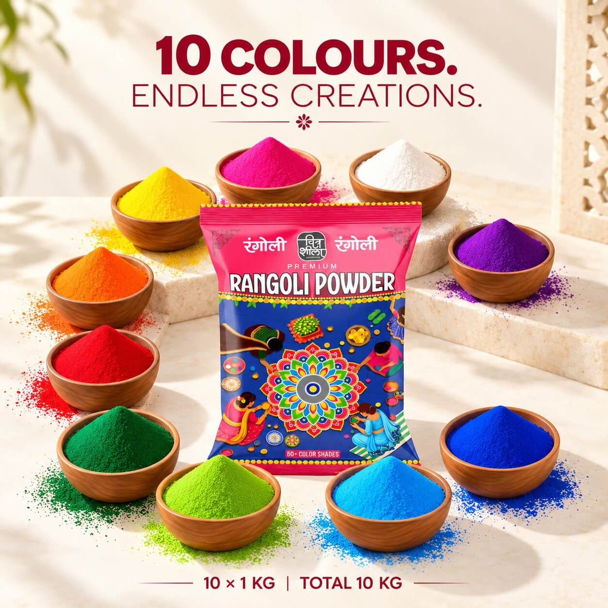 10 Colour Combo Pack - Premium Rangoli Powder for Diwali & Festive Rangoli