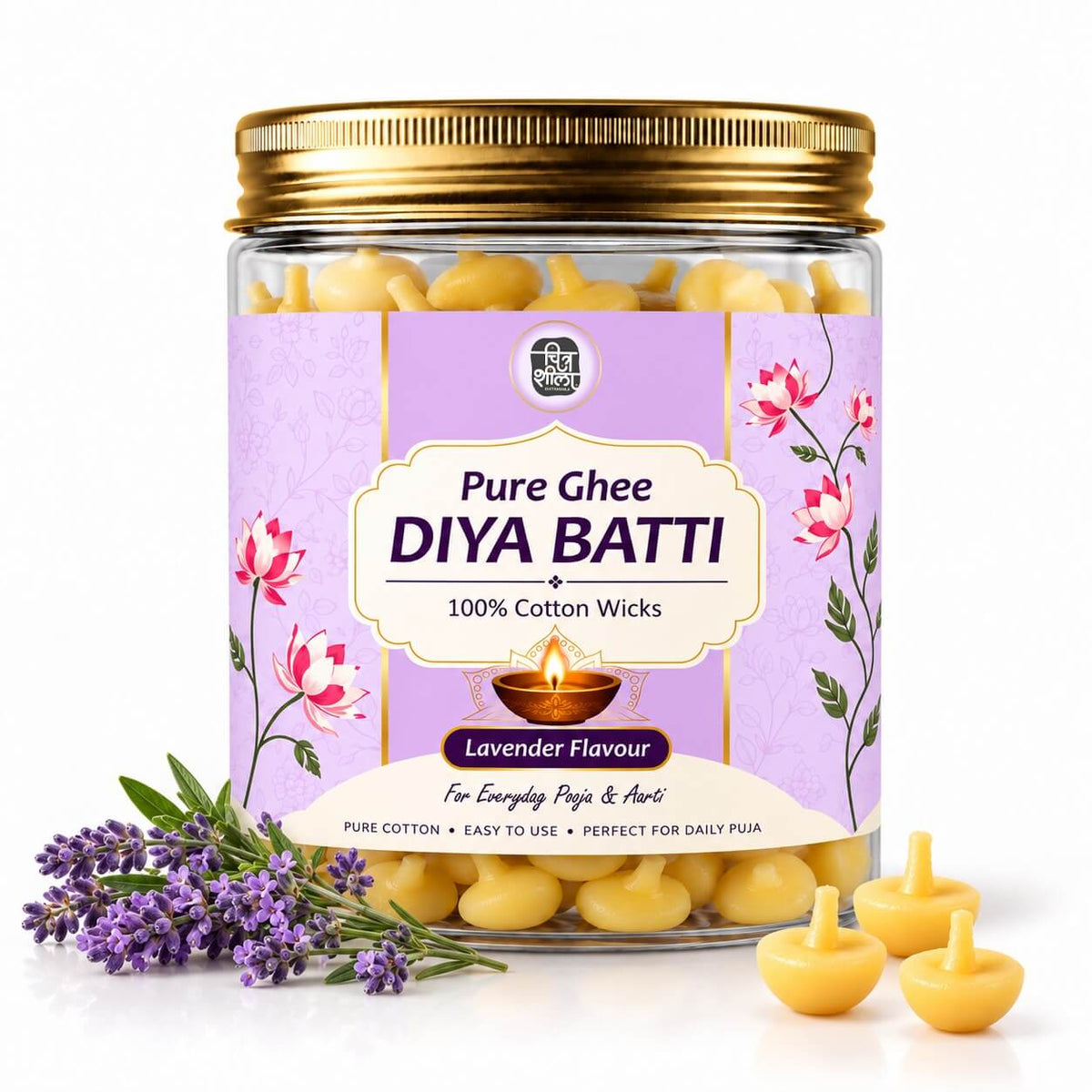 Pure ghee diya batti with lavender fragrance for daily pooja