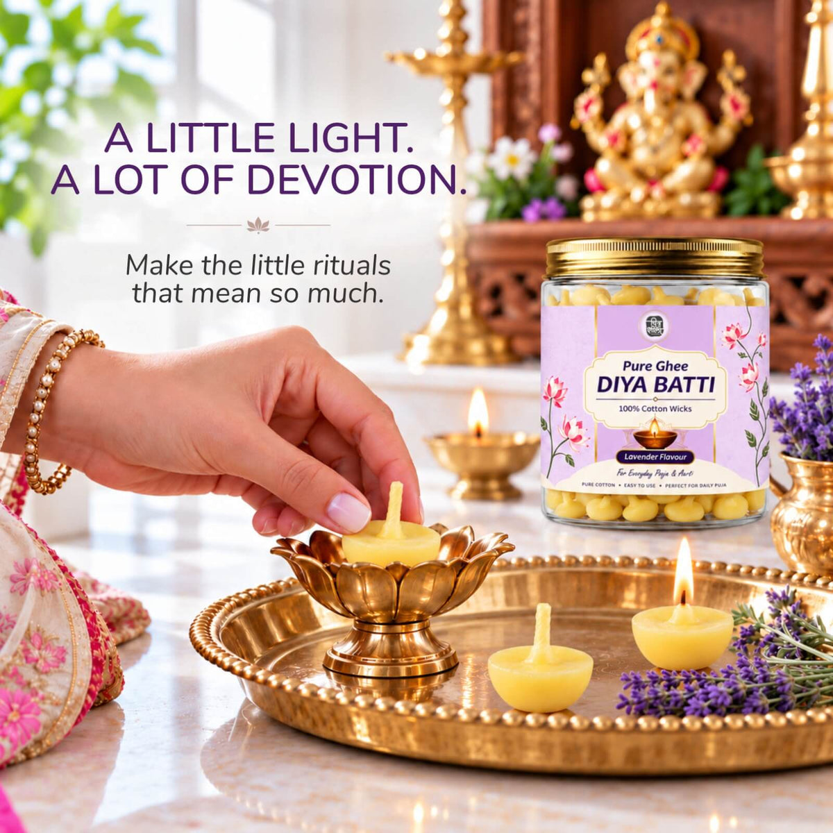 Handcrafted lavender ghee diya batti set for peaceful pooja