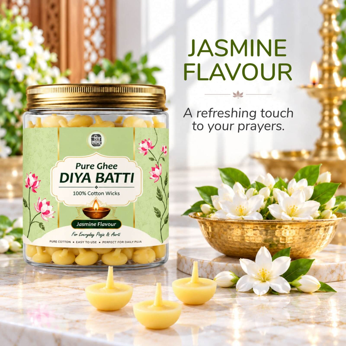 Fresh jasmine ghee cotton wicks for morning and evening aarti