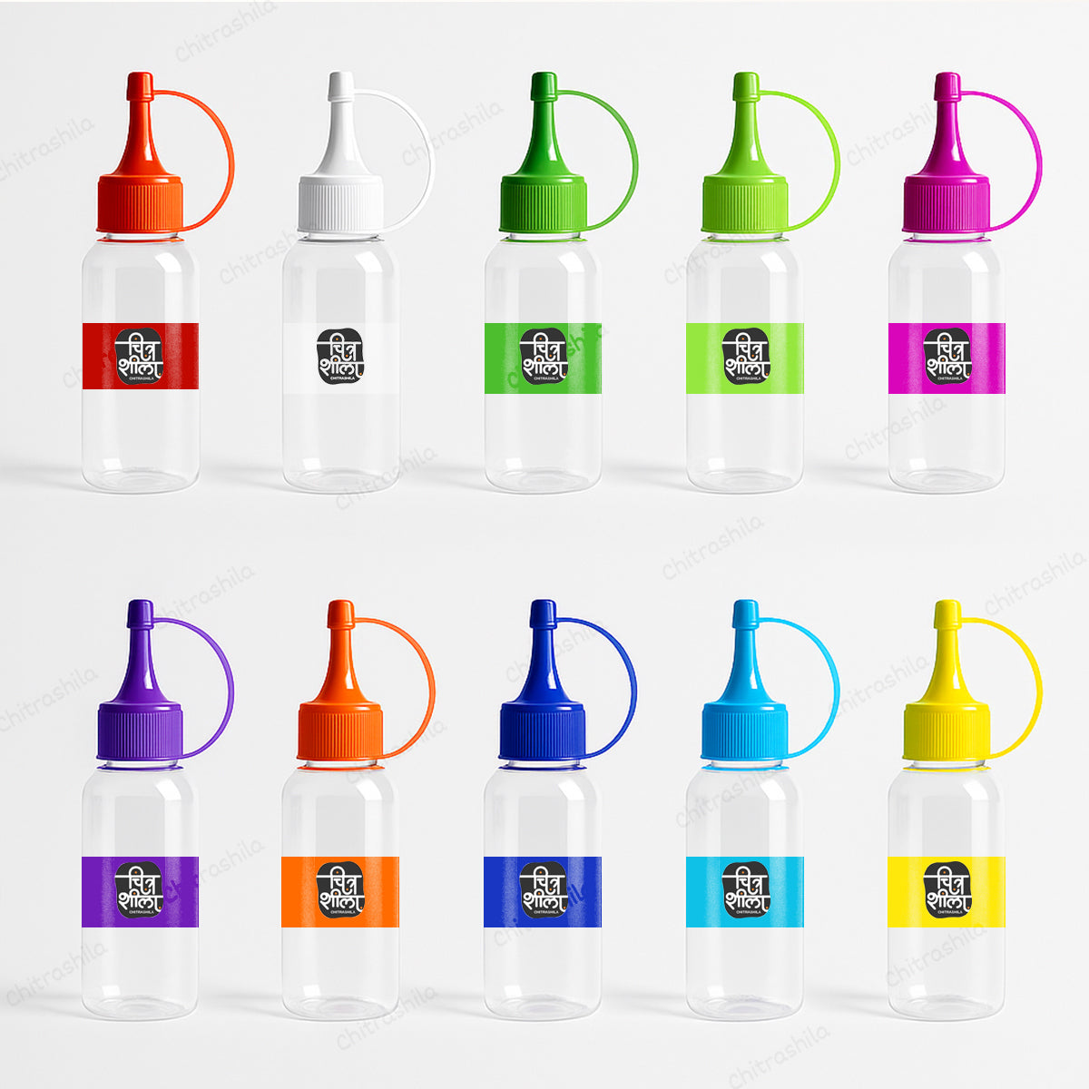 CHITRASHILA® Empty Rangoli Bottle with Swinger Cap - Clear Bottles with Multi-Colored Caps (Pack of 10)