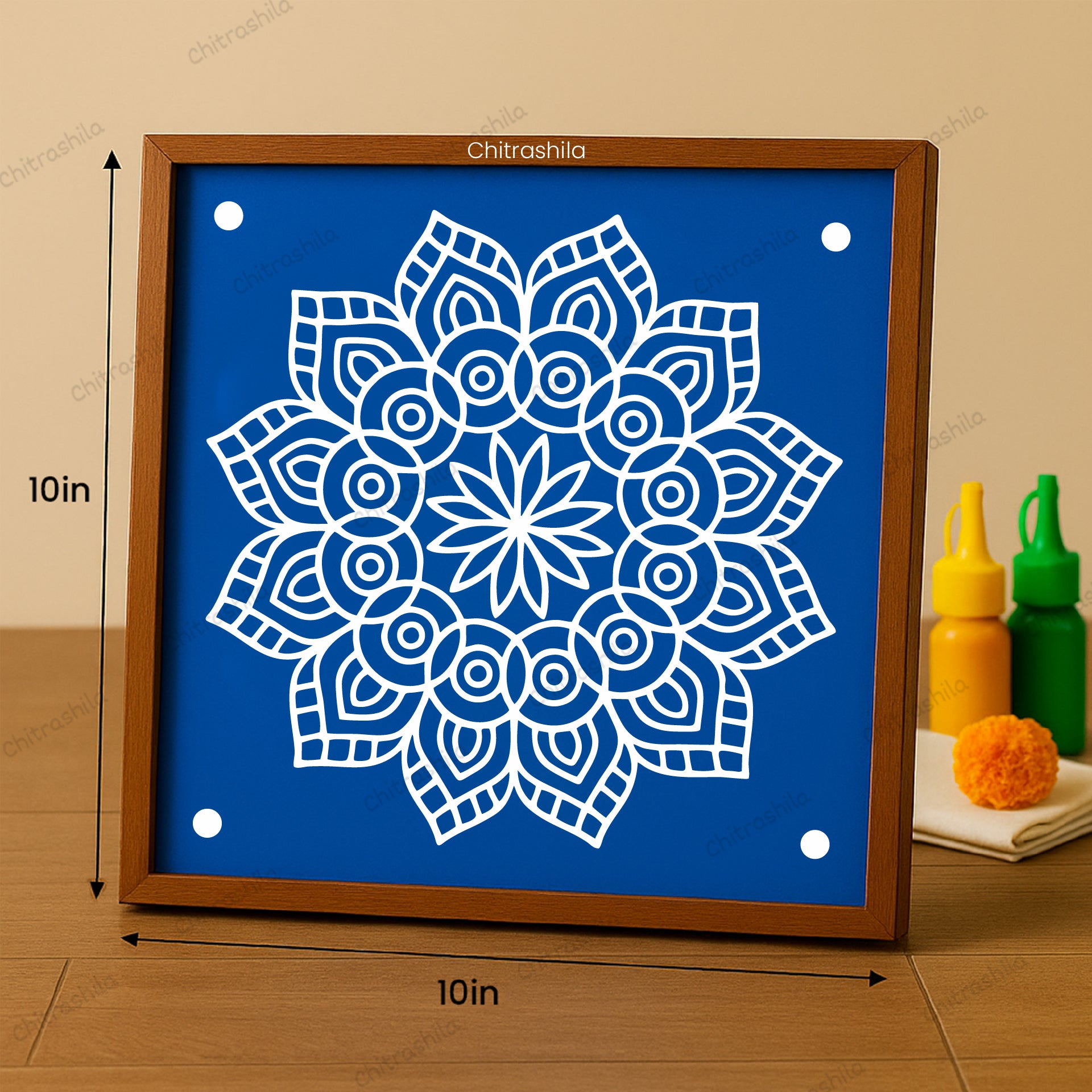 CHITRASHILA® Lotus Mandala Wooden Kolam Stencil | Reusable Rangoli Stencil 10×10 Inch (WS-52)