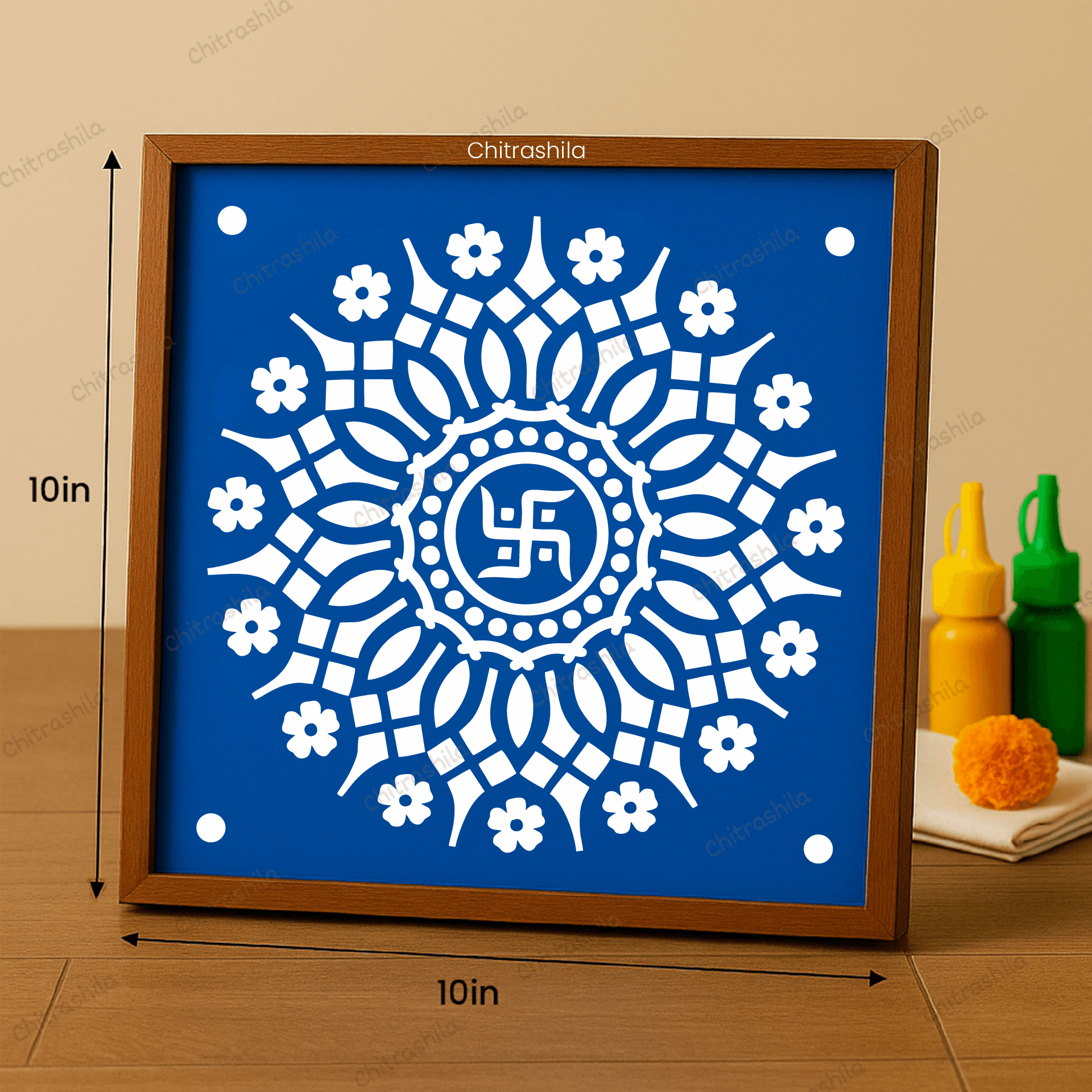 CHITRASHILA® Shubh Swastik Wooden Rangoli Stencil | Reusable Rangoli Stencil 10×10 Inch (WS-41)
