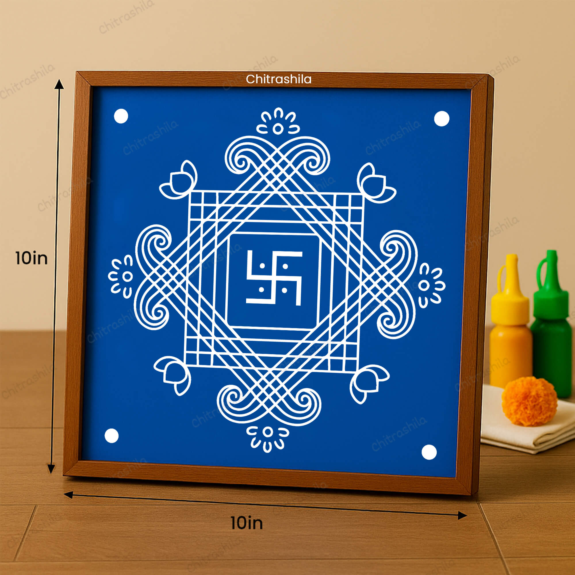 CHITRASHILA® Swastik Centre Floral Square Wooden Rangoli Stencil 10x10 Inches (WS‑35)