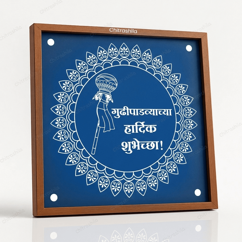 Chitrashila® Traditional Gudhi Padwa Rangoli Design with Gudhi Symbol and Floral Pattern Wooden Rangoli Stencil 10x10 Inches (WS‑40)
