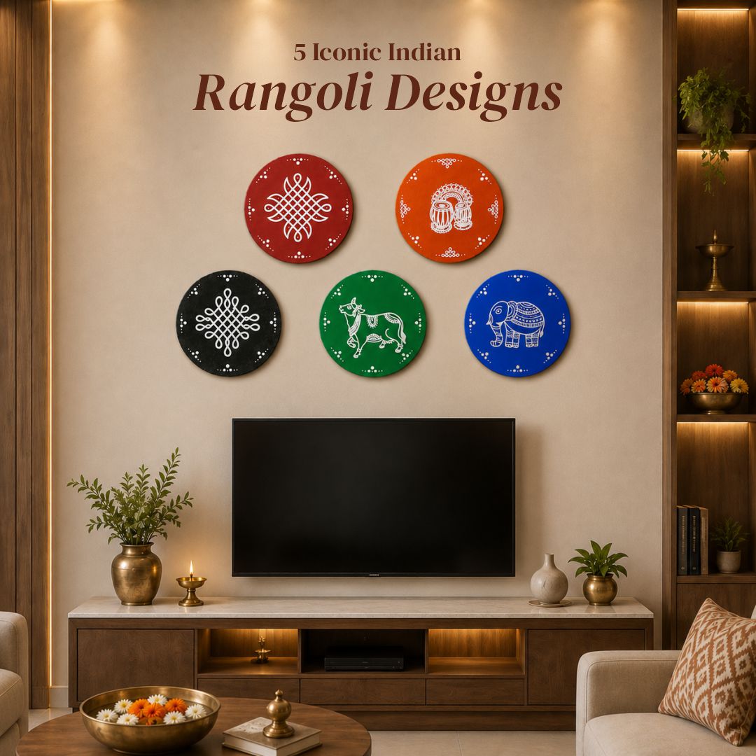 Traditional Indian Art MDF Wall Decor — Pack of 5 | 4 Inch Round Discs | Kolam, Alpana & Pithora Designs