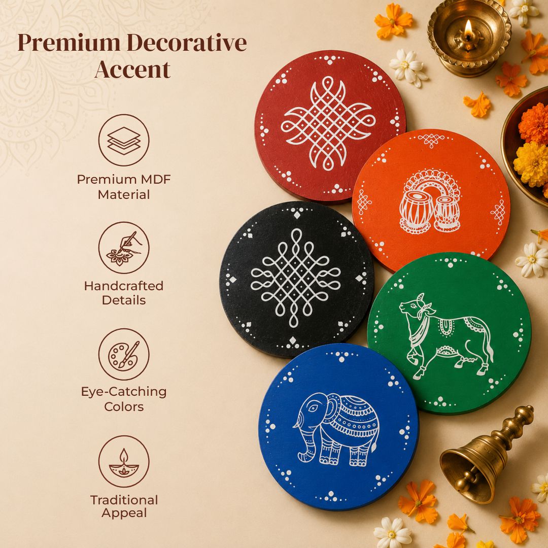 Traditional Indian Art MDF Wall Decor — Pack of 5 | 4 Inch Round Discs | Kolam, Alpana & Pithora Designs