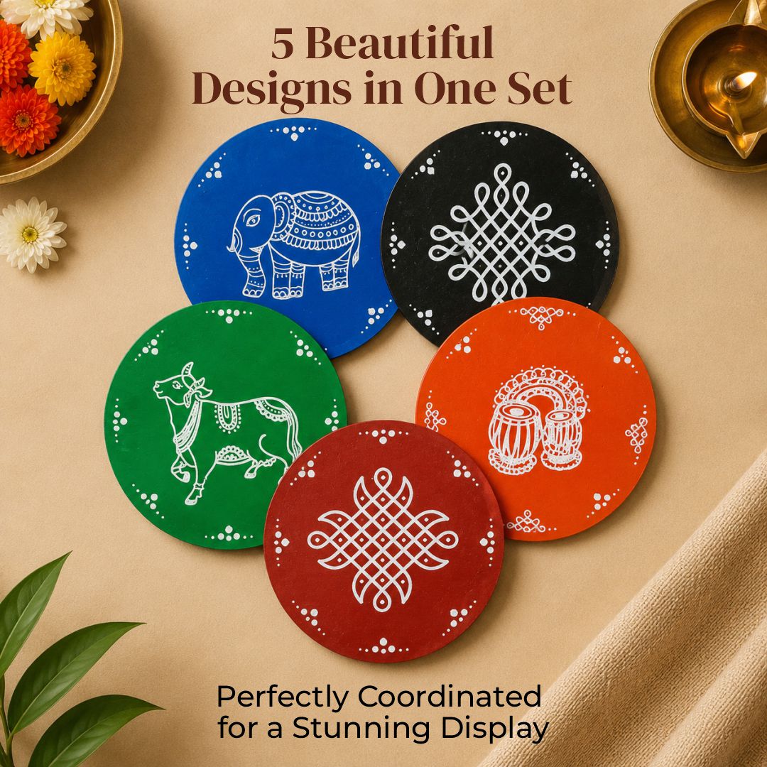 Traditional Indian Art MDF Wall Decor — Pack of 5 | 4 Inch Round Discs | Kolam, Alpana & Pithora Designs