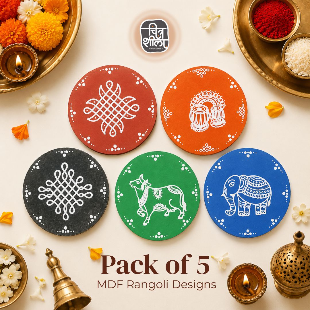 Traditional Indian Art MDF Wall Decor — Pack of 5 | 4 Inch Round Discs | Kolam, Alpana & Pithora Designs