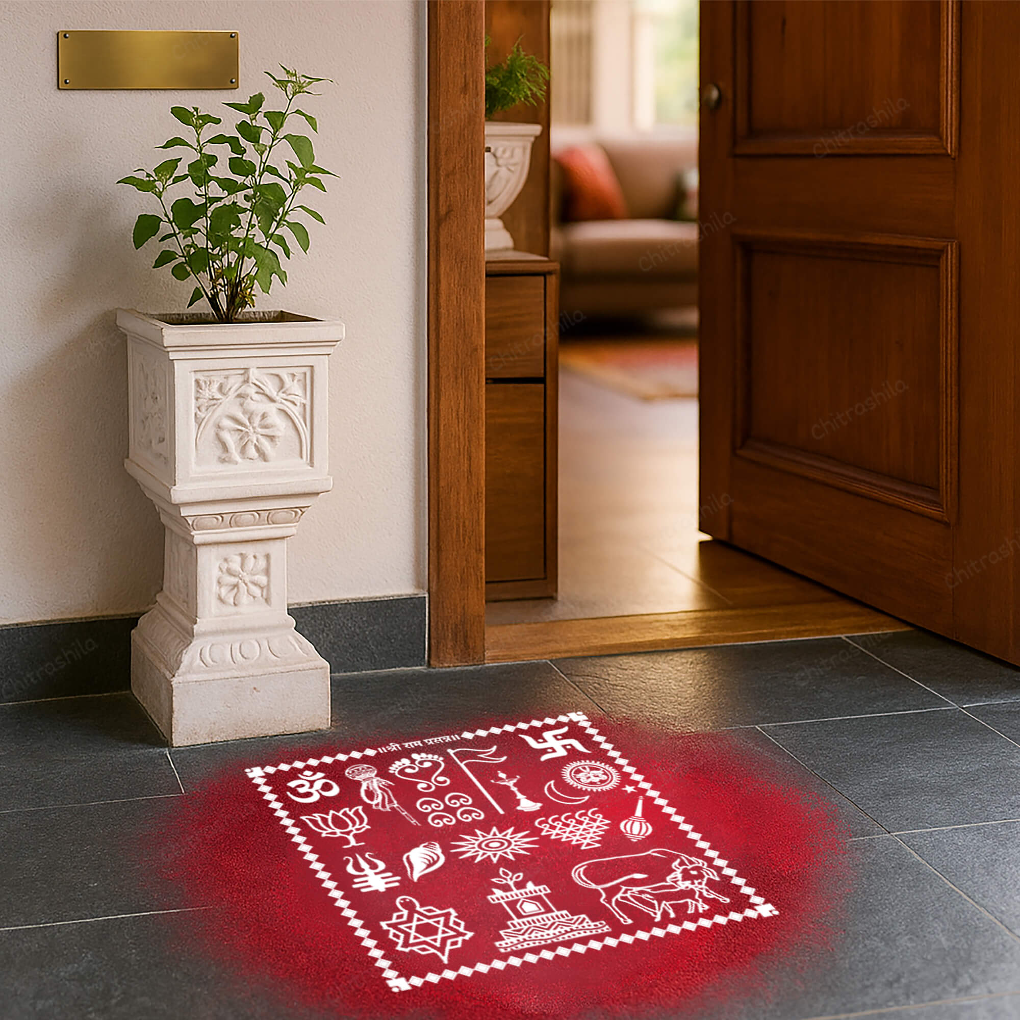 CHITRASHILA® Shree Ram Prassan Sampurn Chaitrangan With Gudi Wooden Rangoli Stencil 10X10 inches (WS-12)