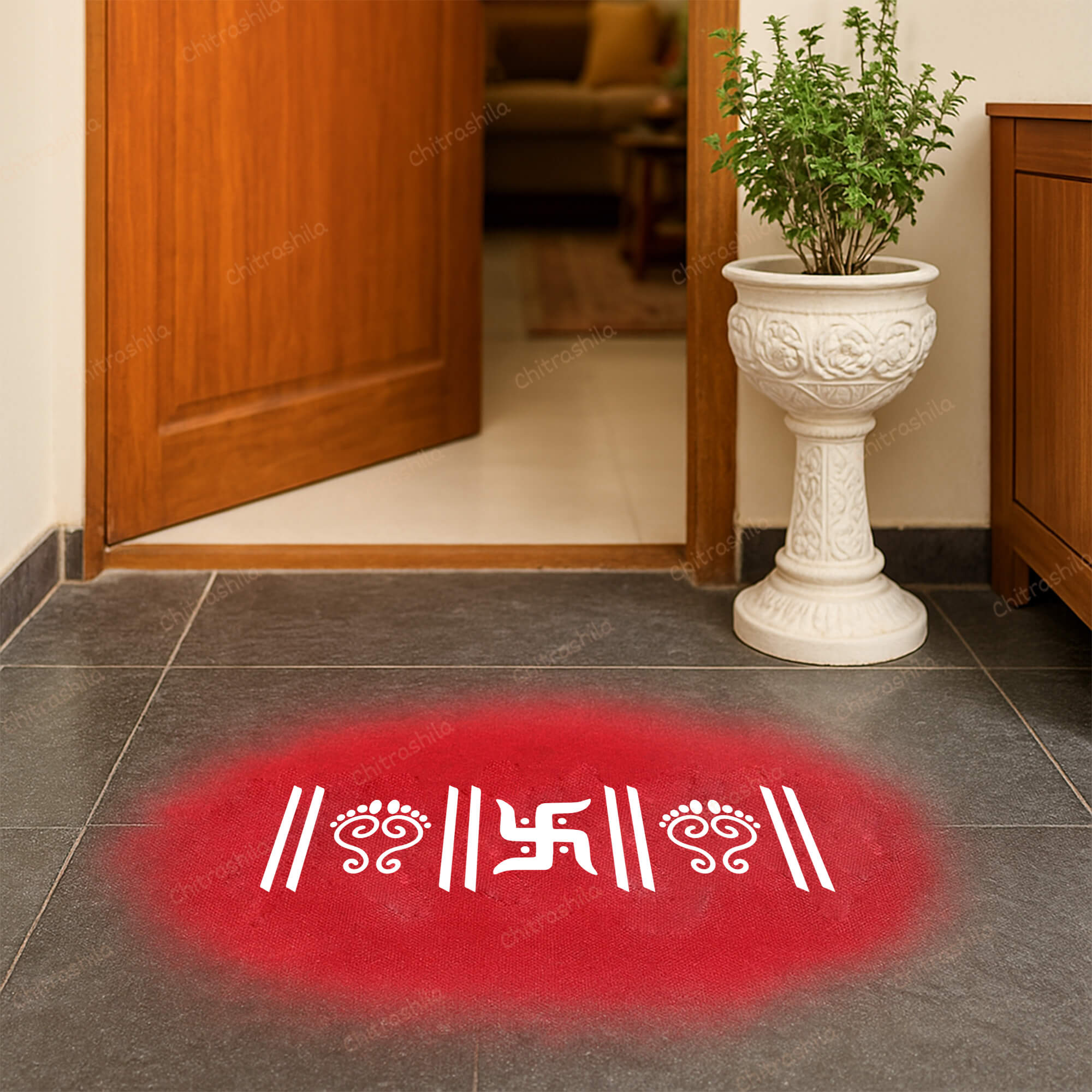 CHITRASHILA® Laxmi Charan Paduka With Swastik Wooden Rangoli Stencil 9x5 Inches