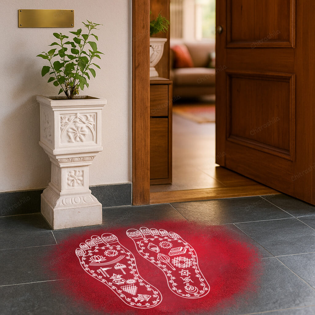 CHITRASHILA® Laxmi Charan Paduka, Auspicious Footprint Rangoli Stencil for Pooja 10x10 Inches (WS‑34)