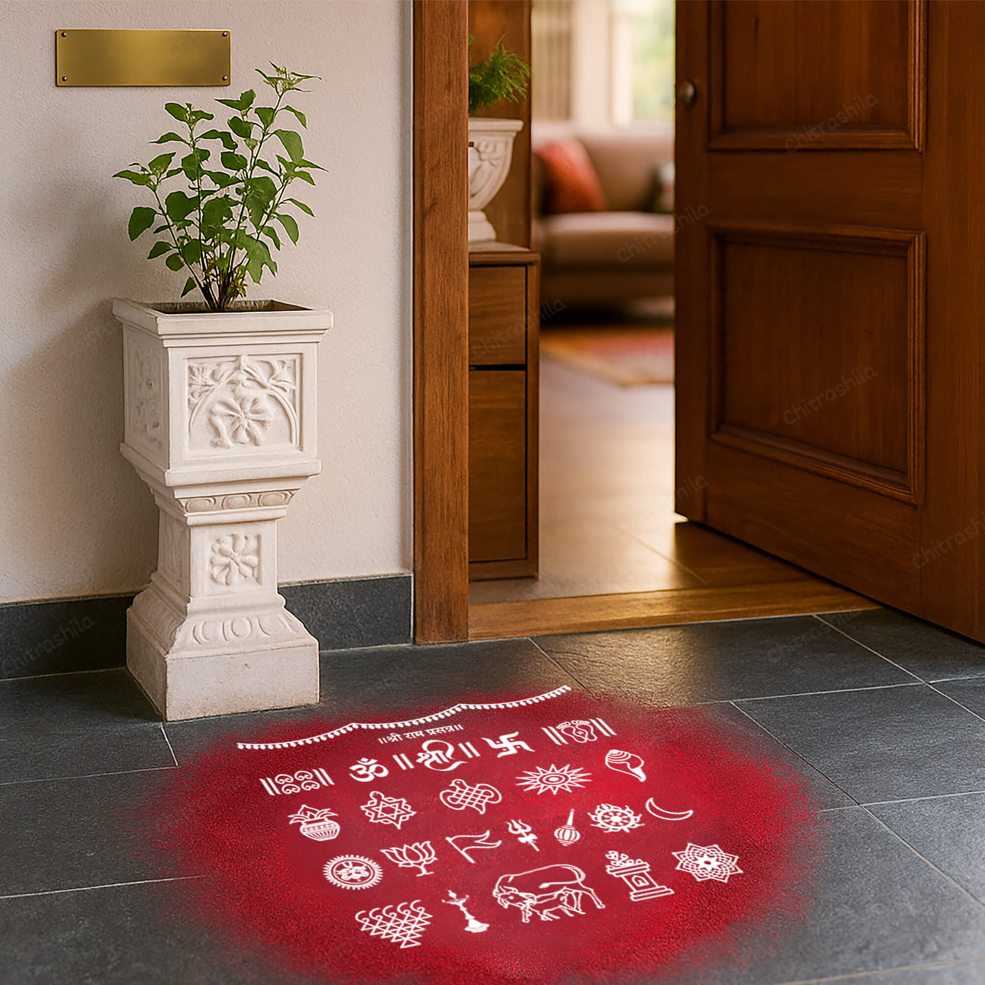 CHITRASHILA® Shree Ram Prassan Chaitrangan With Toran Wooden Rangoli Stencil 10X10 inches (WS-13)